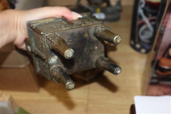 Two Chinese bronze fangding censers, a bronze figure Makhala etc.